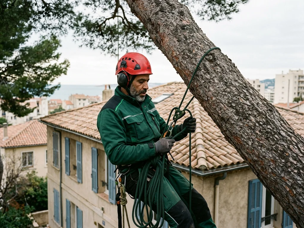 Arboriste sécurisant un pin incliné sur une toiture marseillaise pour un abattage complexe.