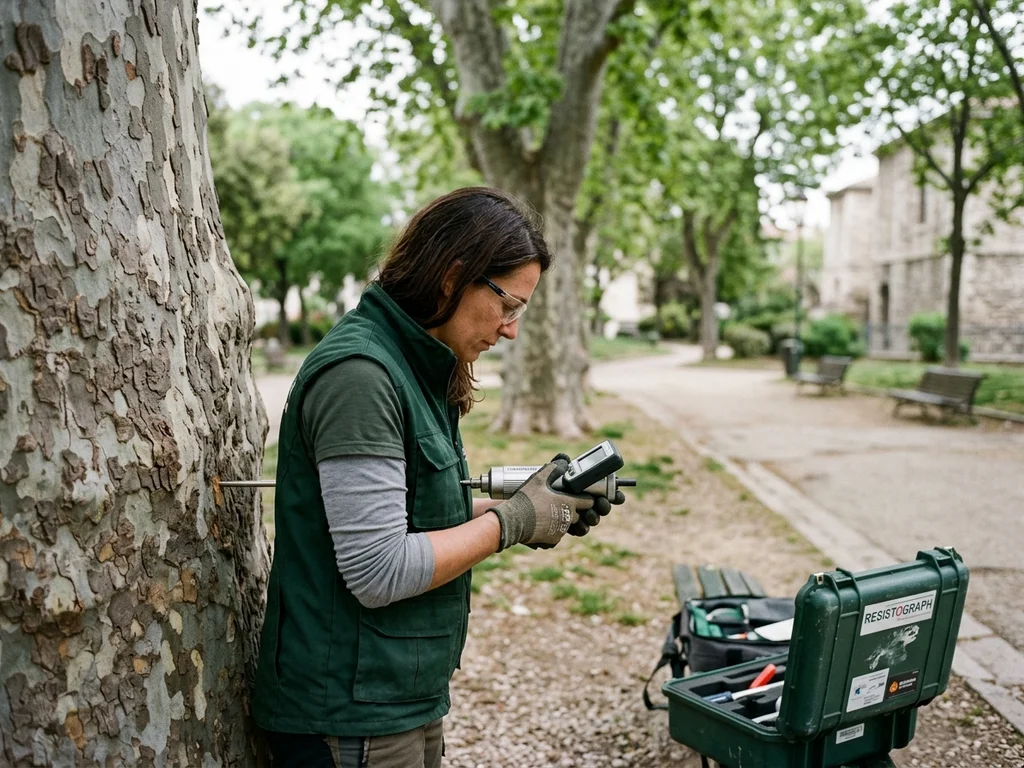 Arboriste utilisant un résistographe sur un platane pour évaluer la santé interne du bois.
