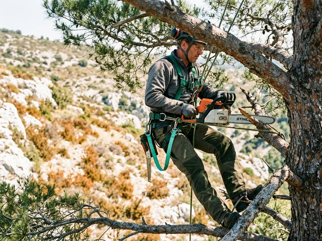 Élagueur sécurisant un pin à Aubagne par débroussaillage préventif contre les incendies estivaux.