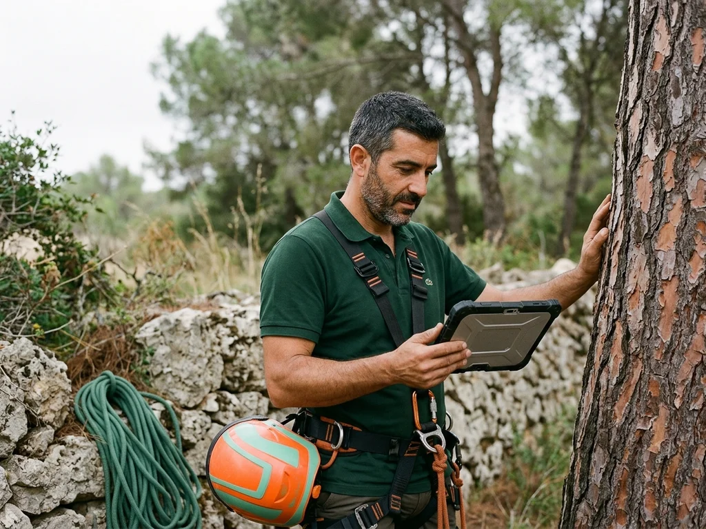 Arboriste certifié réalisant une inspection technique pour une entreprise d'élagage déclarée à Marseille.