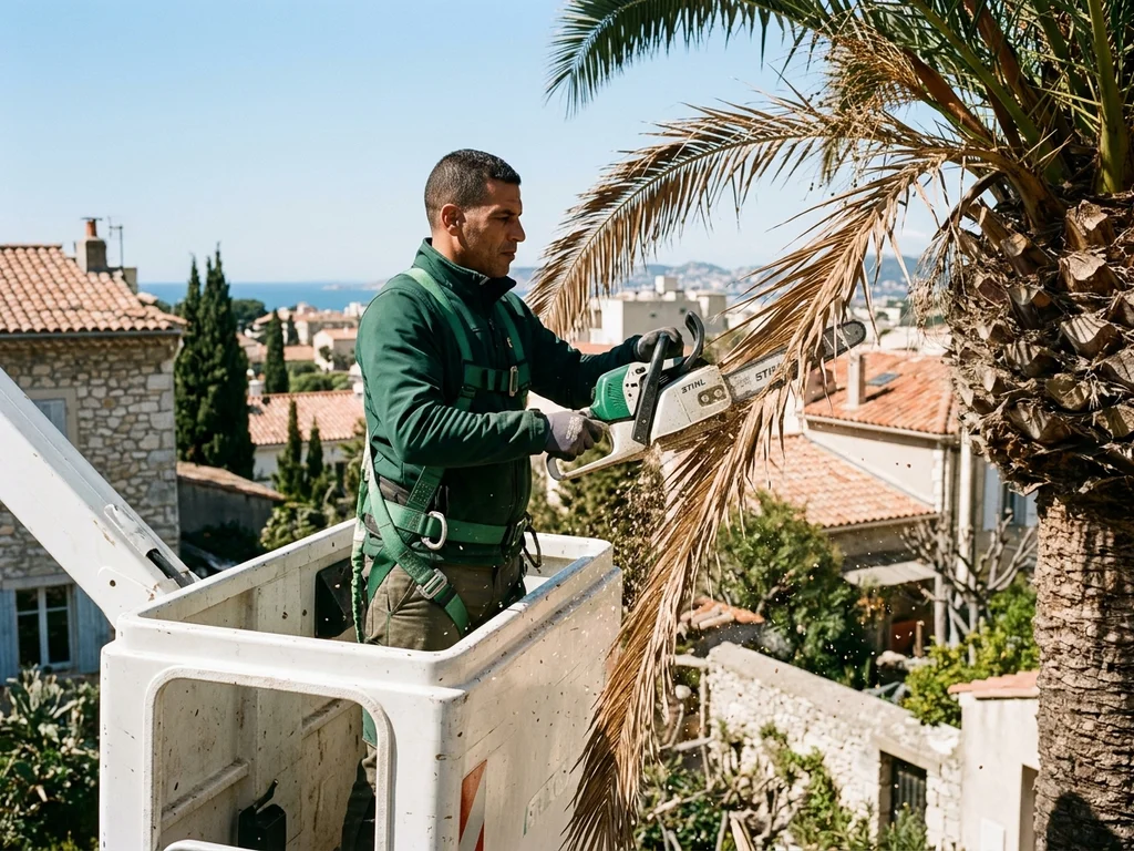 Élagueur retirant des palmes sèches inflammables en nacelle pour prévenir les incendies à Marseille.