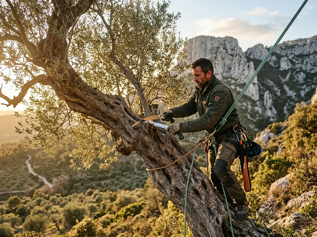 Élagueur professionnel taillant un olivier centenaire, préservant le patrimoine arboré d'Aubagne face au Garlaban.