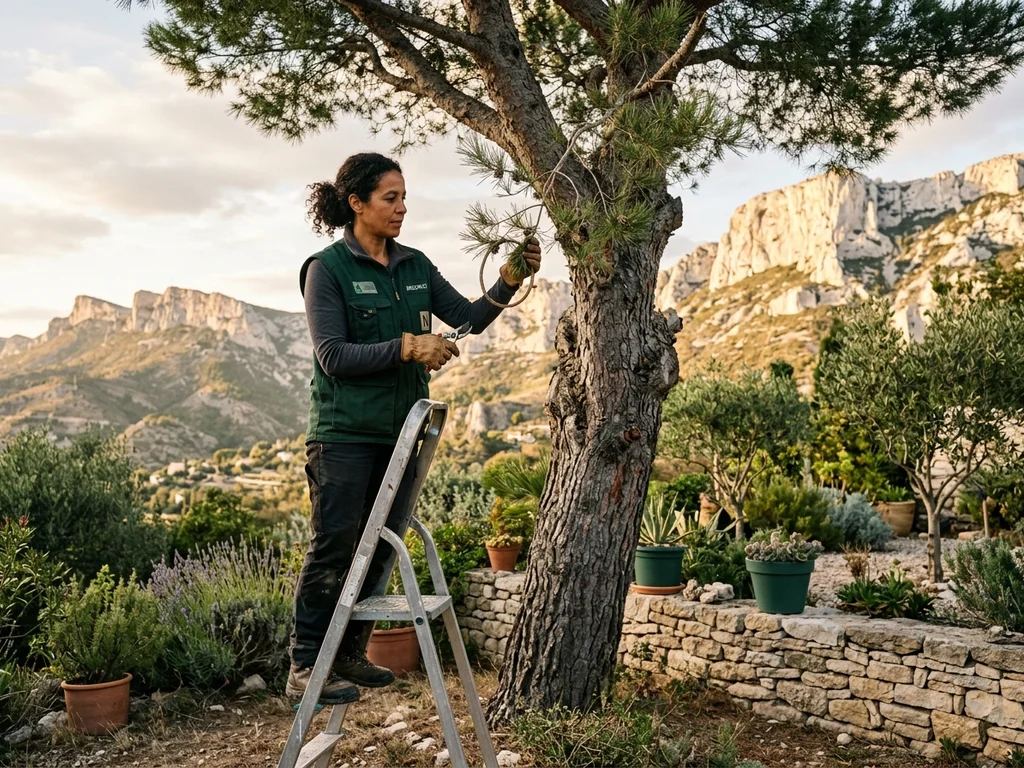 Élagueuse devant le massif de l'Étoile entretenant les jardins arborés des villas marseillaises.