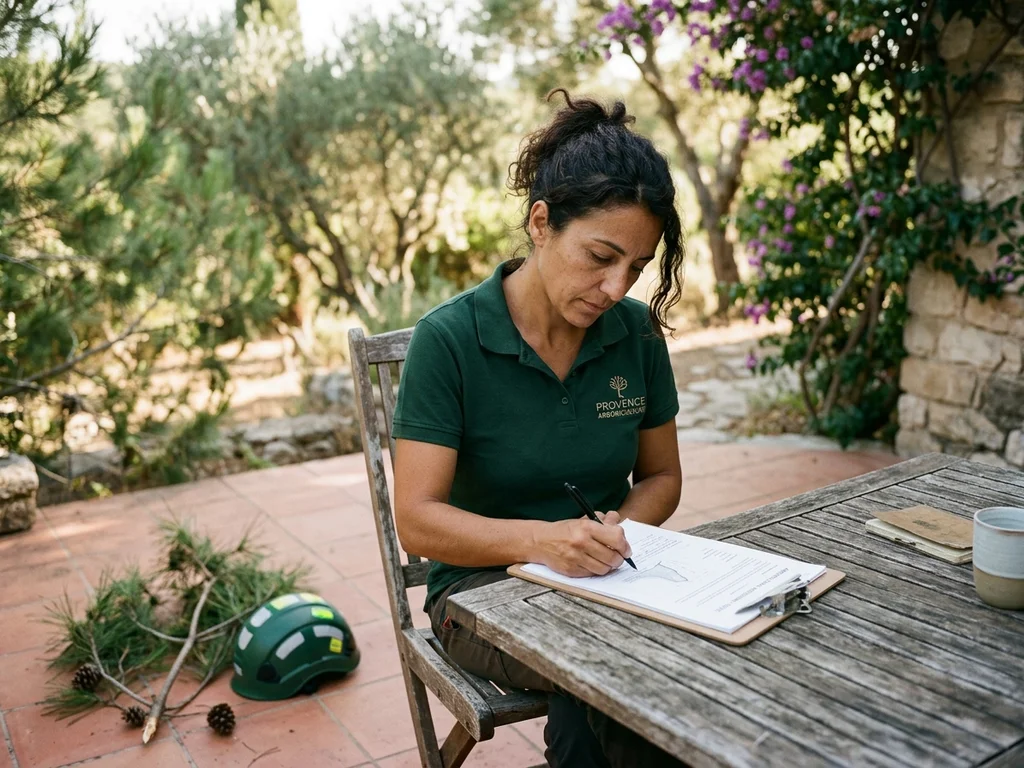 Experte documentant les dommages d'un arbre pour établir la responsabilité civile du voisinage à Marseille.