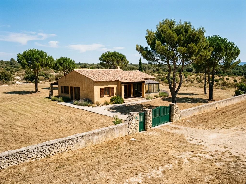 Maison provençale protégée par un débroussaillement réglementaire DFCI dans les garrigues des Bouches-du-Rhône.