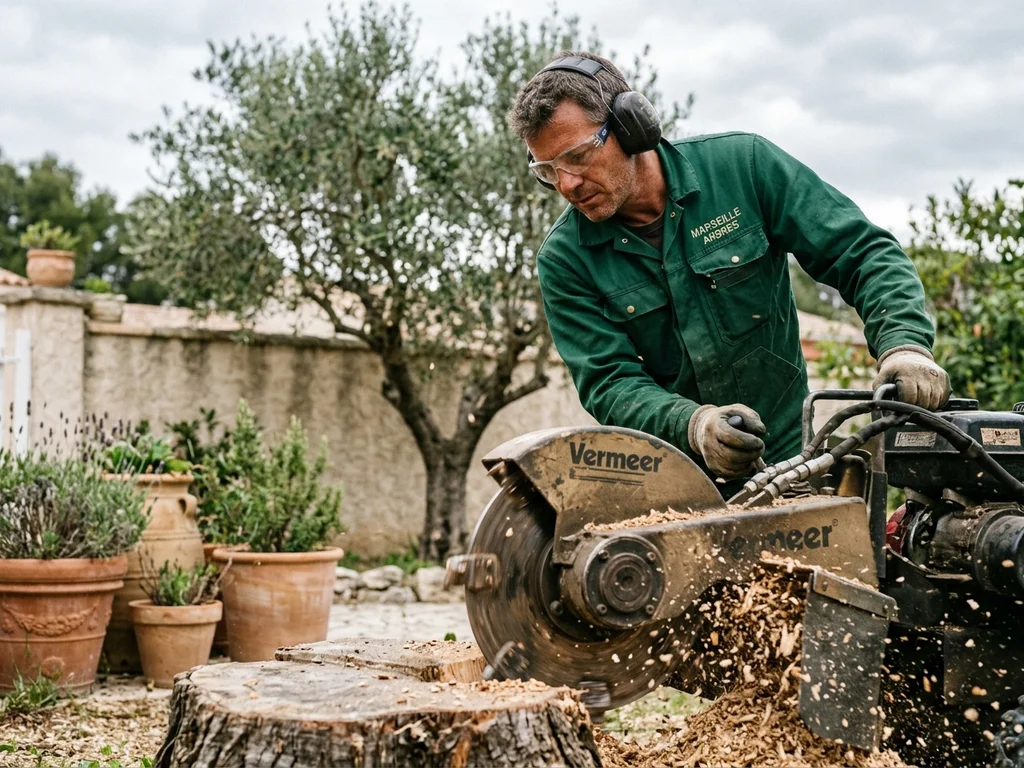 Une rogneuse élimine une souche encombrante pour assainir le sol d'un jardin marseillais.