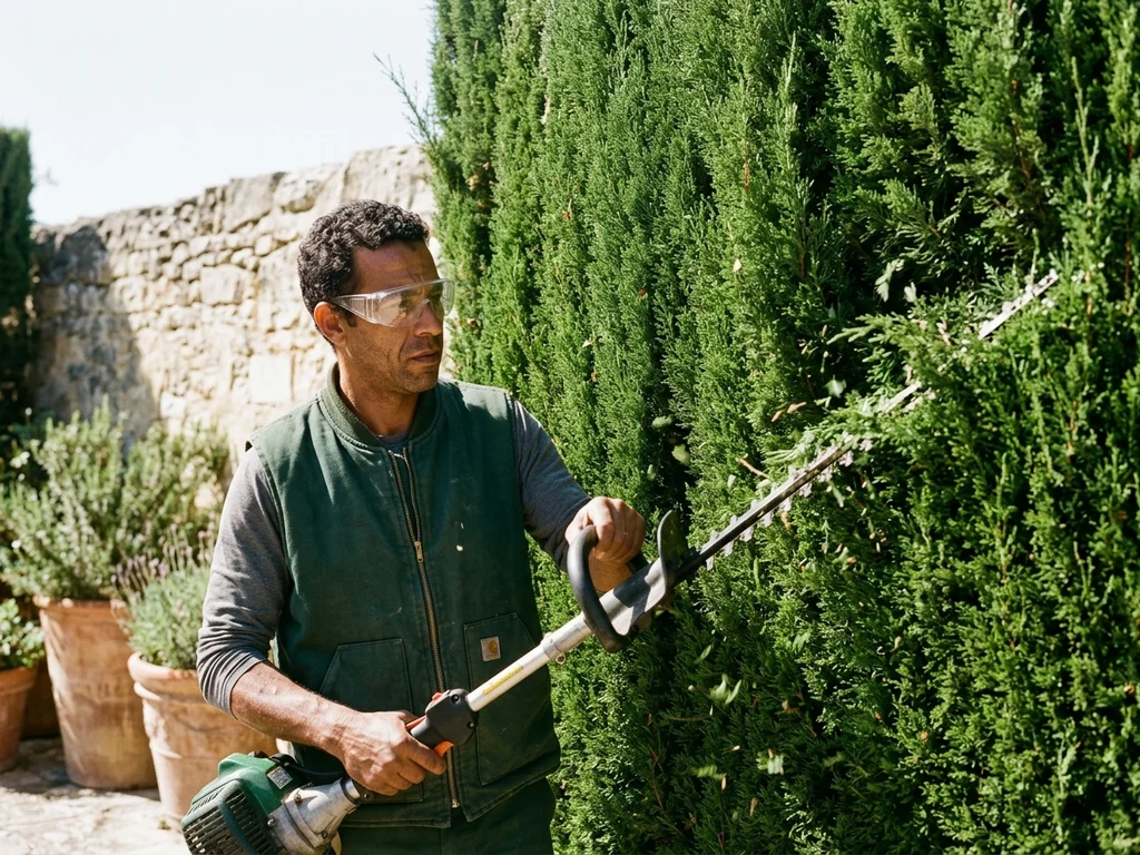 Taille de précision pour réduire la largeur d'une haie dense avec un équipement professionnel.