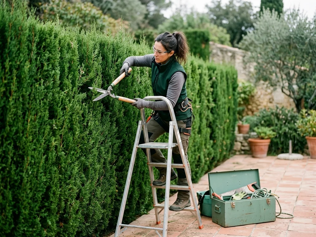 Une élagueuse professionnelle taille avec précision une haie de cyprès dans un jardin marseillais.
